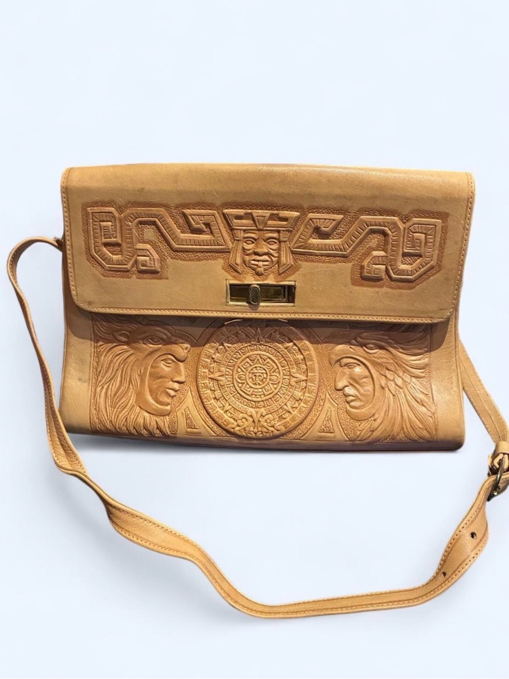 1970s Mont-Abur Handcrafted Tan Leather M/L Crossbody Bag with Aztec Motif